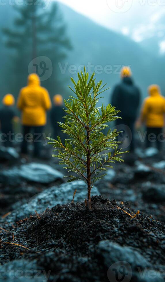 Group planting a tree in a misty forest setting. A small sapling stands prominently while a group dressed in yellow jackets plants trees in a dimly lit, misty landscape. photo