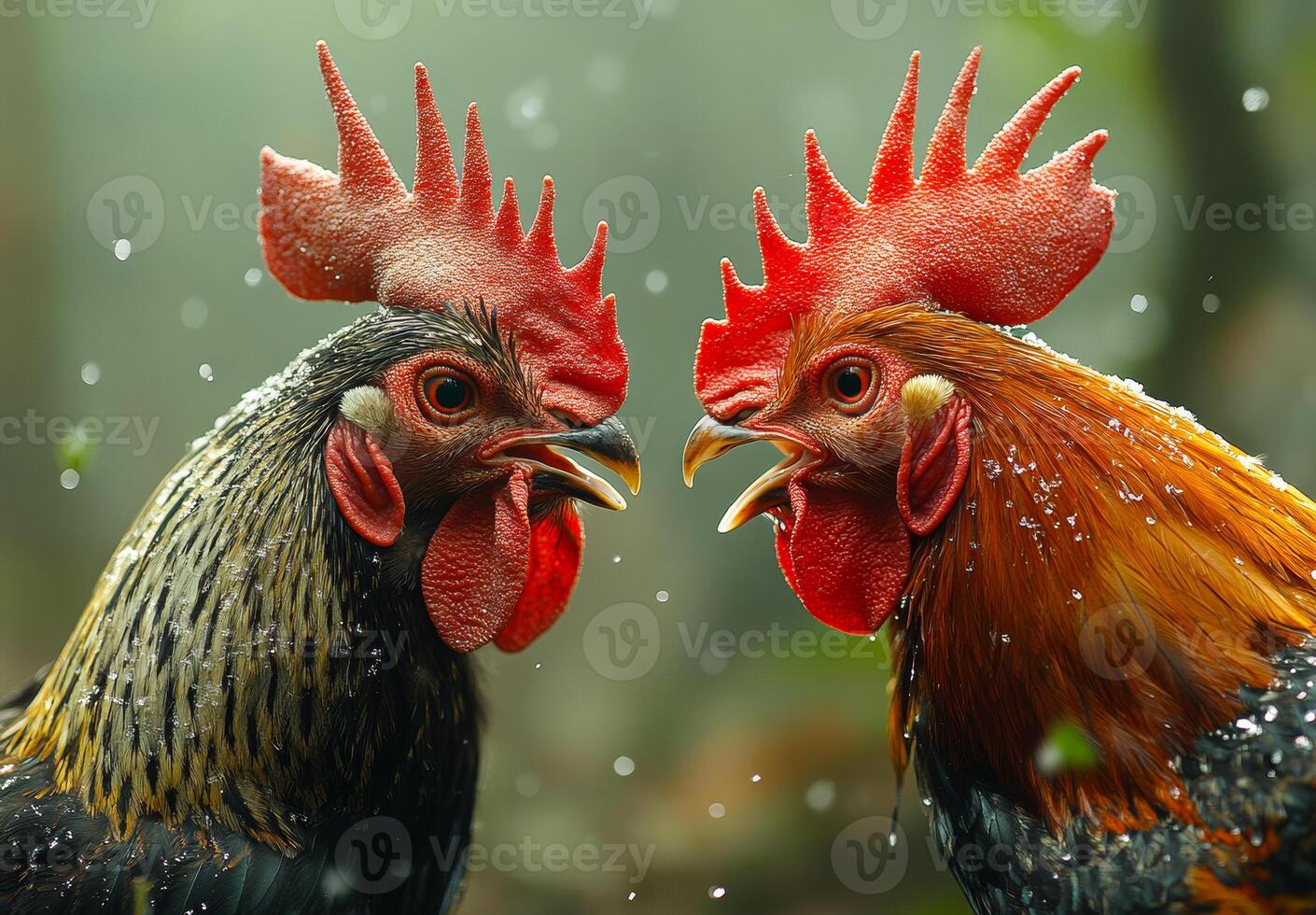 Roosters in a dawn crowing contest. Two roosters compete in a dawn crowing contest, flaunting their colorful feathers and vocal skills in the soft morning light. photo