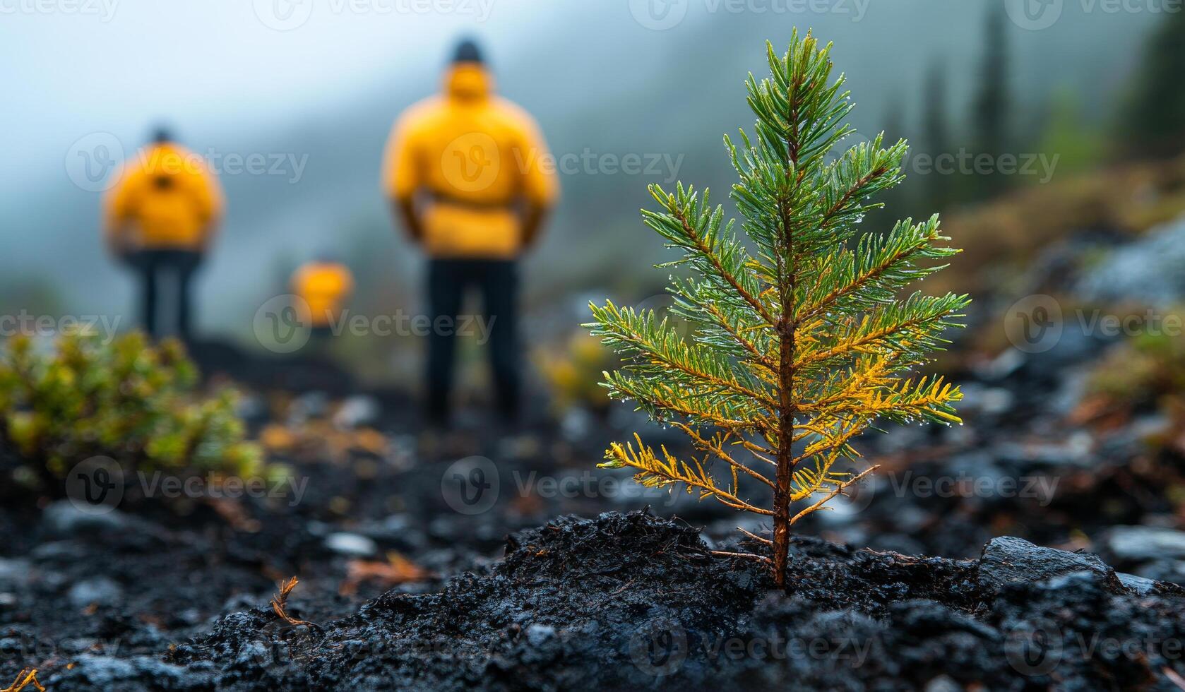Volunteers planting trees in a misty forested area. A small tree sapling is planted in a misty landscape, surrounded by individuals in yellow jackets actively engaging in reforestation. photo