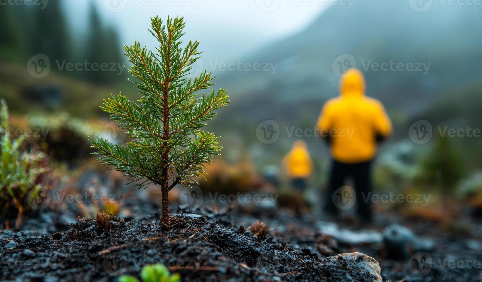 Pine tree, hikers in yellow, misty mountains. A tiny pine tree grows in the foreground while two hikers wearing yellow jackets explore a misty mountain landscape in the background. photo