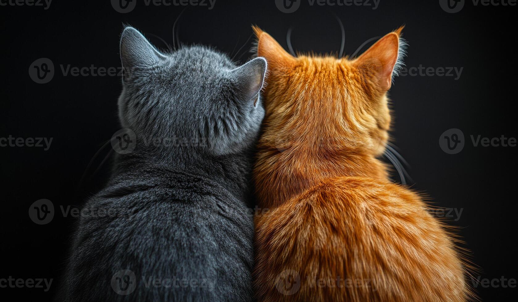Two cats cuddling together in cozy harmony. Two cats, one grey and one orange, cuddle closely, showcasing their unique fur patterns against a dark background. photo