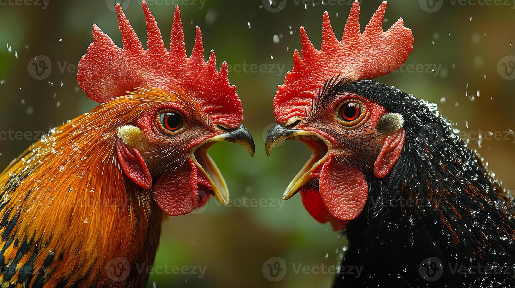 Roosters in a lively crowing duel. Two vibrant roosters face each other, crowing loudly amidst a backdrop of blurred greenery, capturing their rivalry. photo