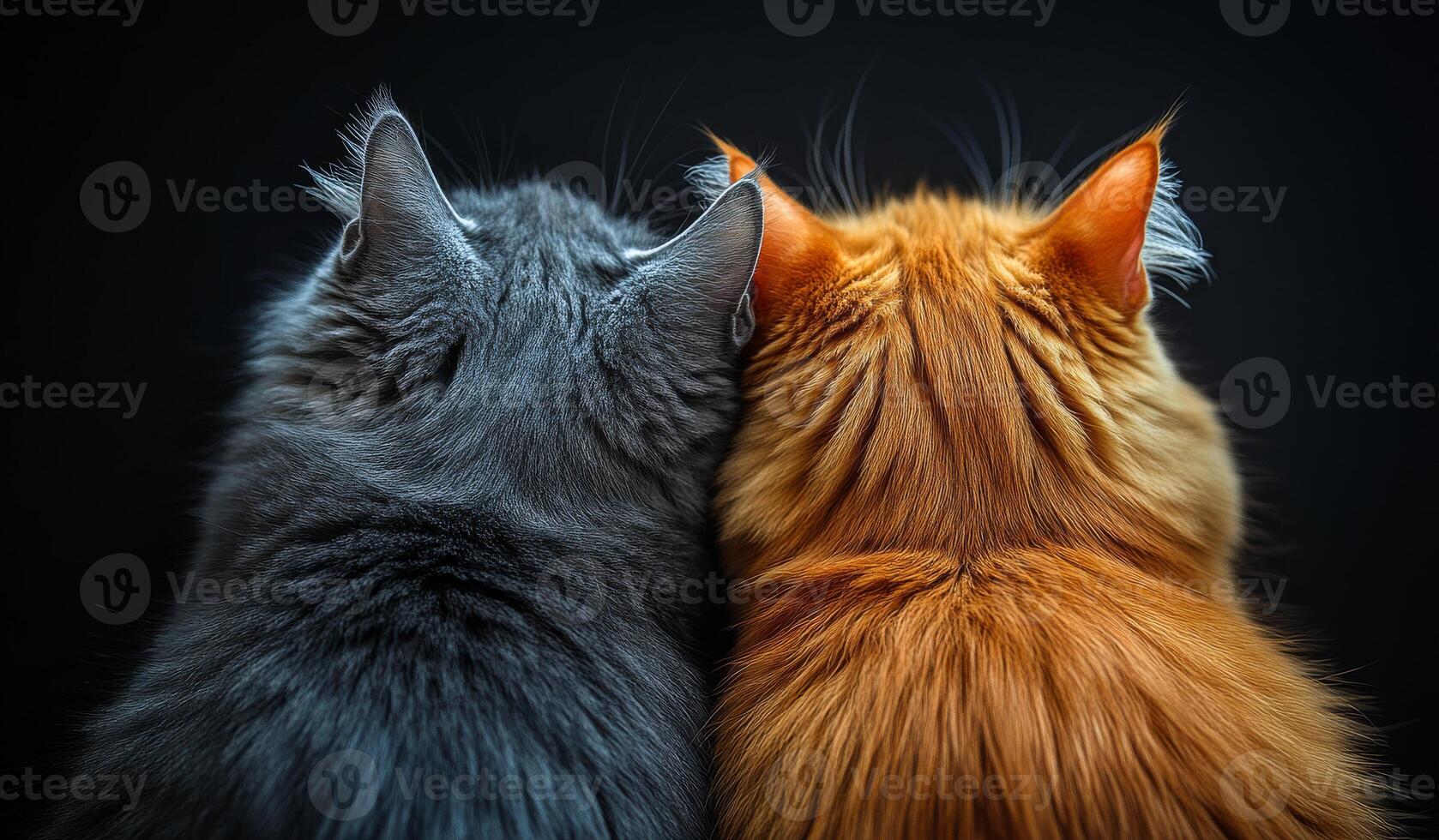 Two cats enjoying each other's company. Two cats, one gray and one orange, sit side by side, sharing a warm moment of companionship against a dark background. photo