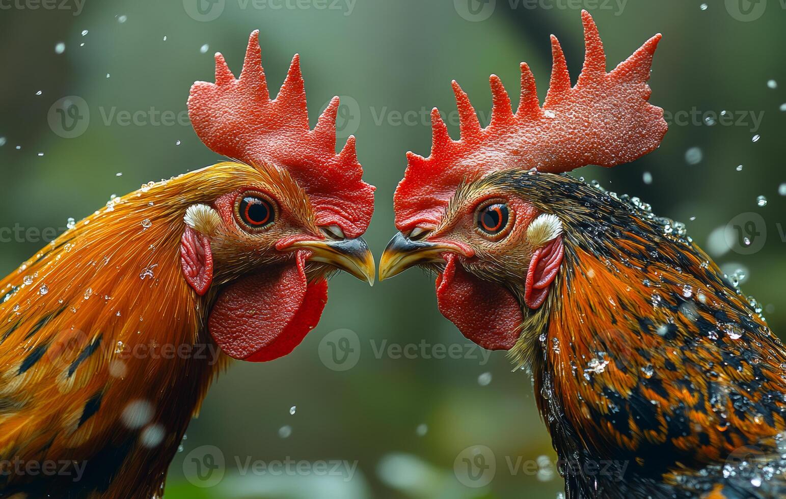 Two roosters in a playful standoff. Two colorful roosters engage in a spirited standoff amidst a snowy backdrop, showcasing their vibrant feathers and unique personalities. photo