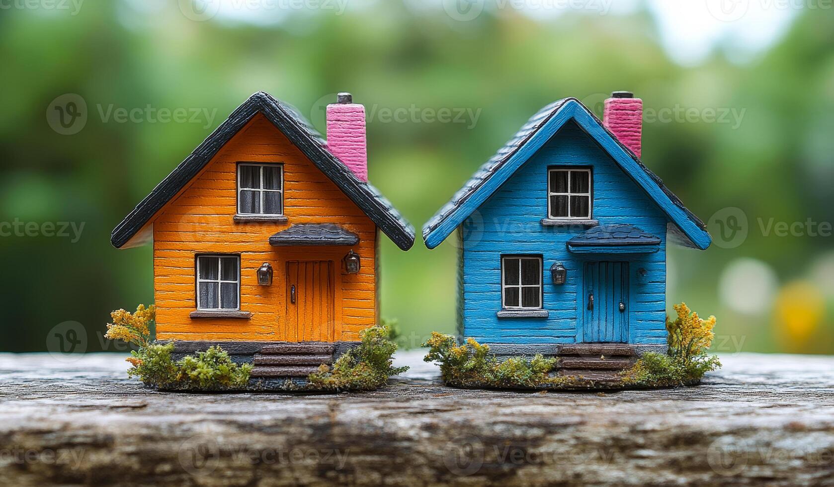 Miniature houses on a wooden surface. Two vibrant miniature houses, one orange and one blue, sit on a rustic wooden surface surrounded by greenery in daylight. photo