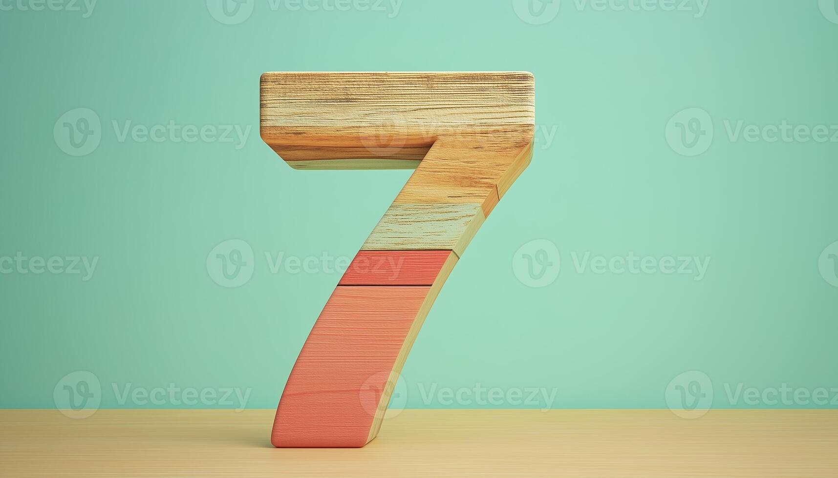 Shape number 7 made from pieces wooden textured in pastel background photo