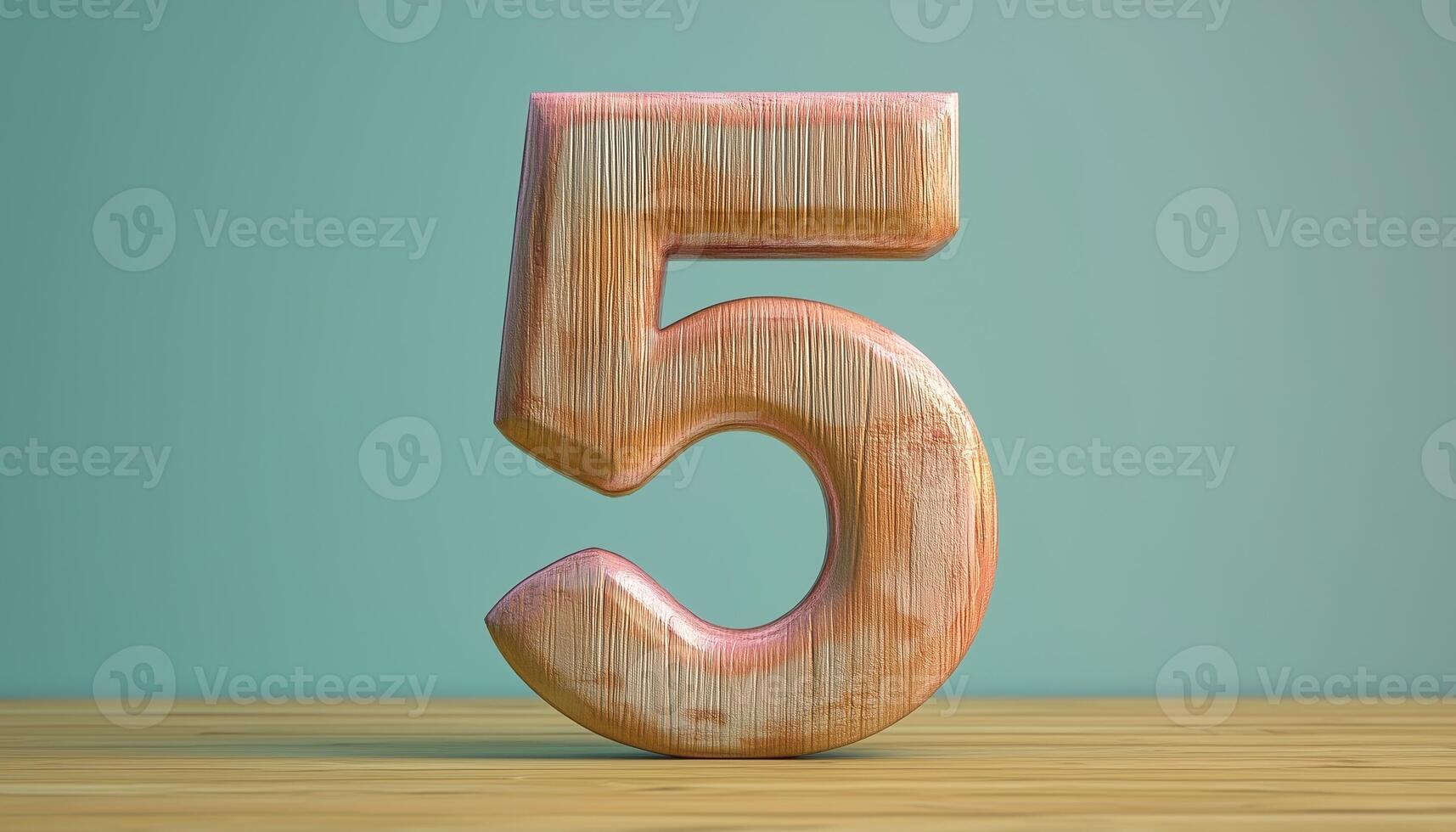 Shape number 5 made from pieces wooden textured in pastel background photo