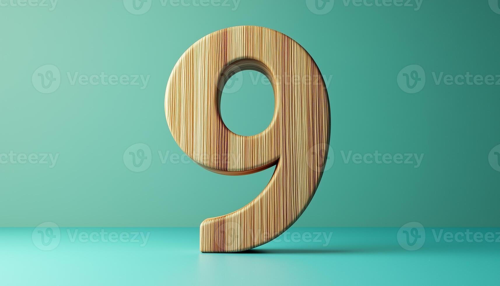 Shape number 9 made from pieces wooden textured in pink pastel background photo