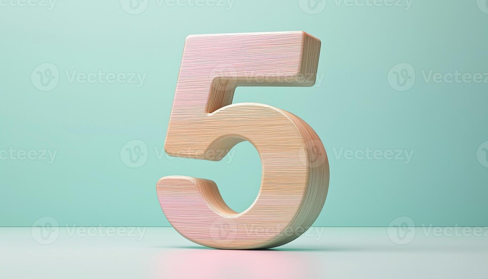 Shape number 5 made from pieces wooden textured in pastel background photo