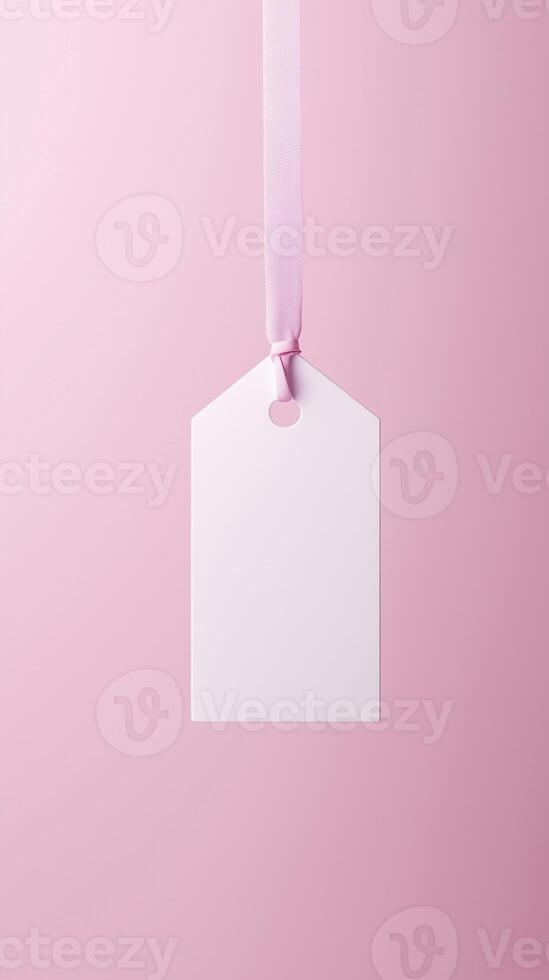 Rectangular white blank paper tag label price tag with hanging rope isolated pink photo