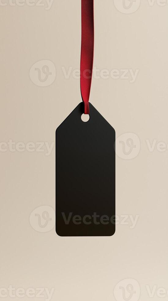 Rectangular black blank paper tag label price tag with hanging rope isolated pink photo