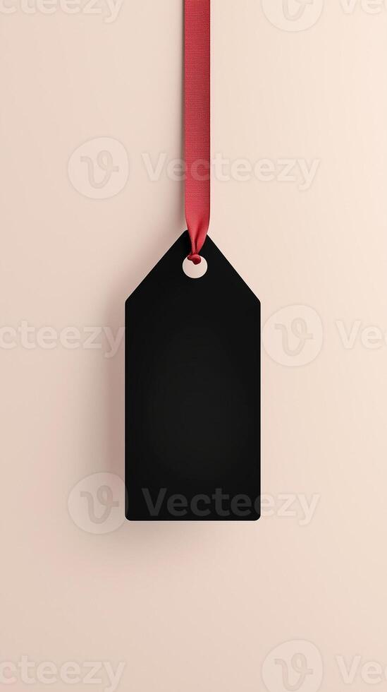 Rectangular black blank paper tag label price tag with hanging rope isolated pink photo