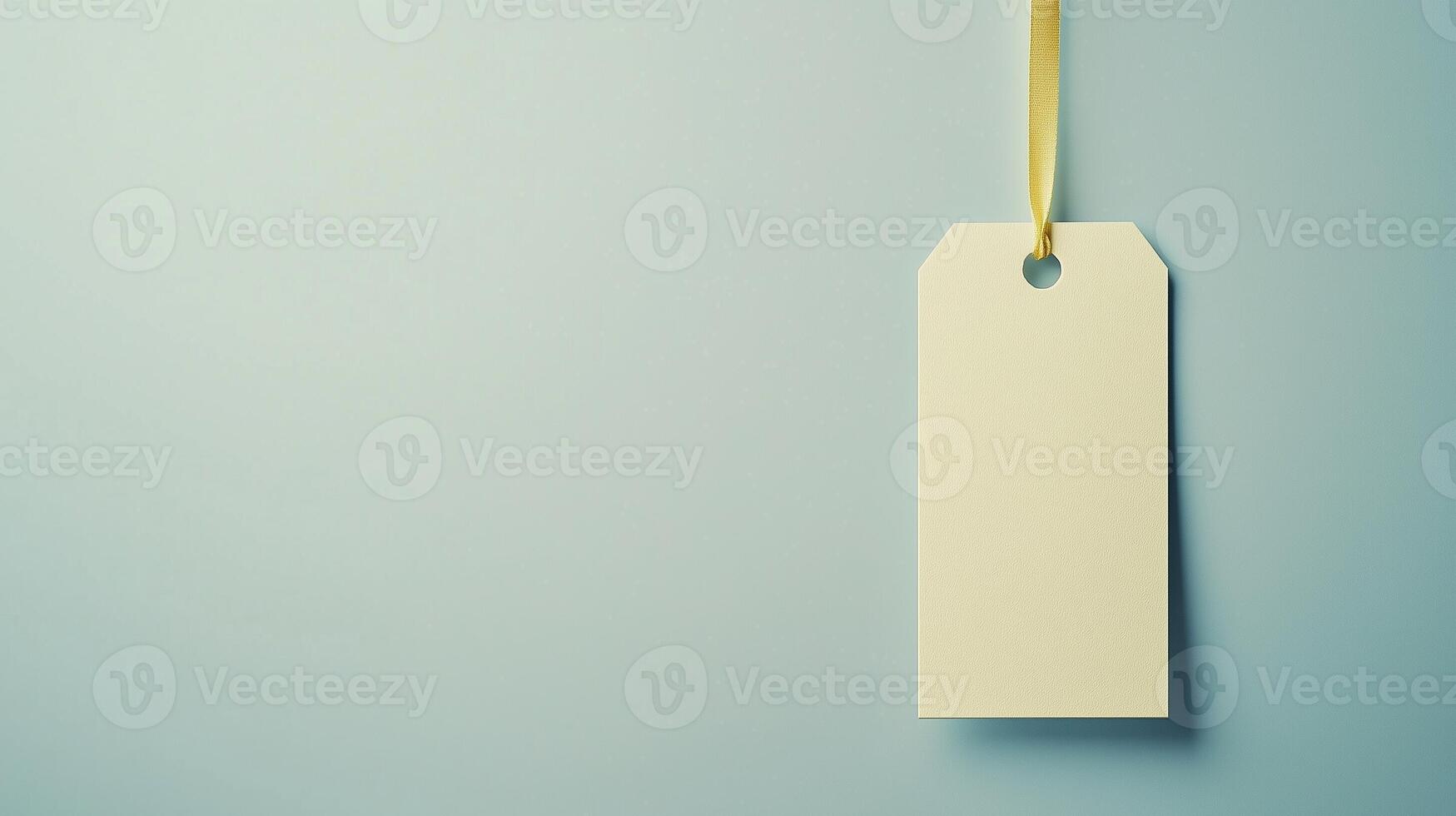 Paper price tag label white brand name with rope on solid blue background photo