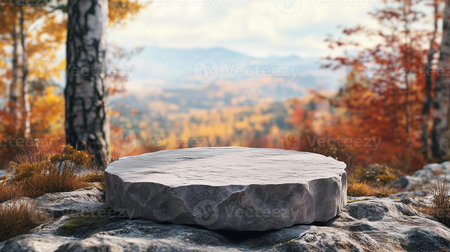 Stone podium stage on edge mountain and valley view nature in autumn forest photo