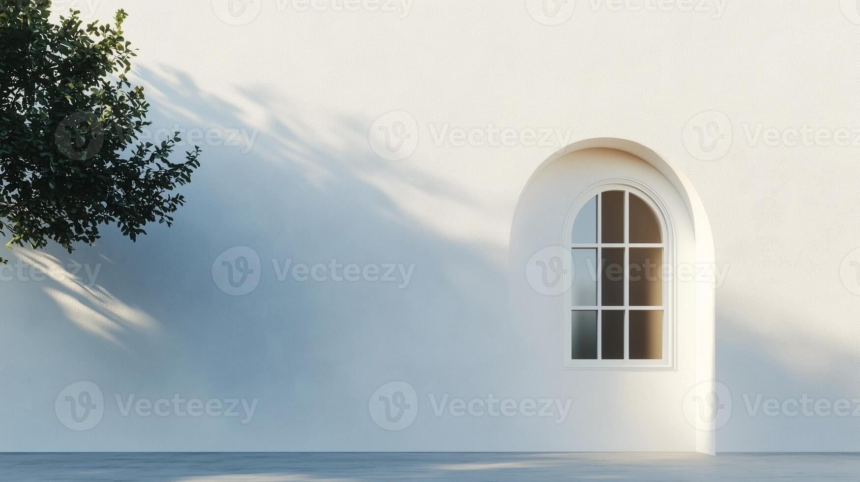 Aesthetic arch window shape on beige wall with shadow leaves tree classing building architecture photo