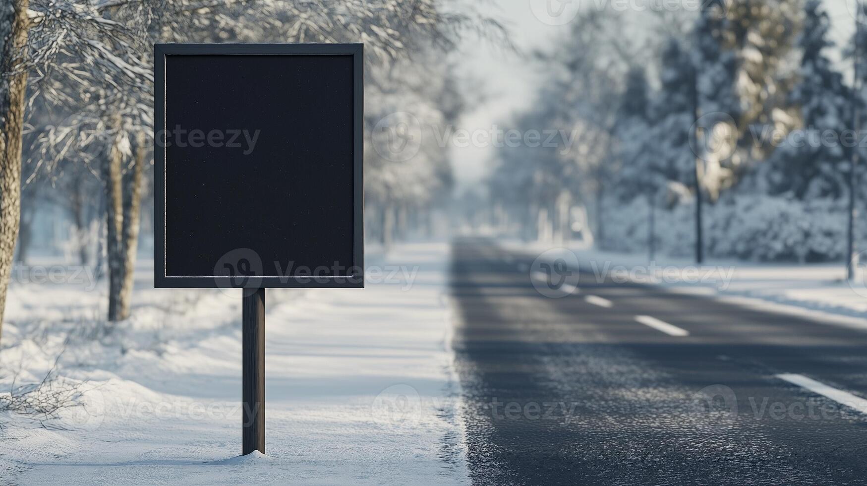 Blank mockup black board on street pine forest in winter going to journey destination photo