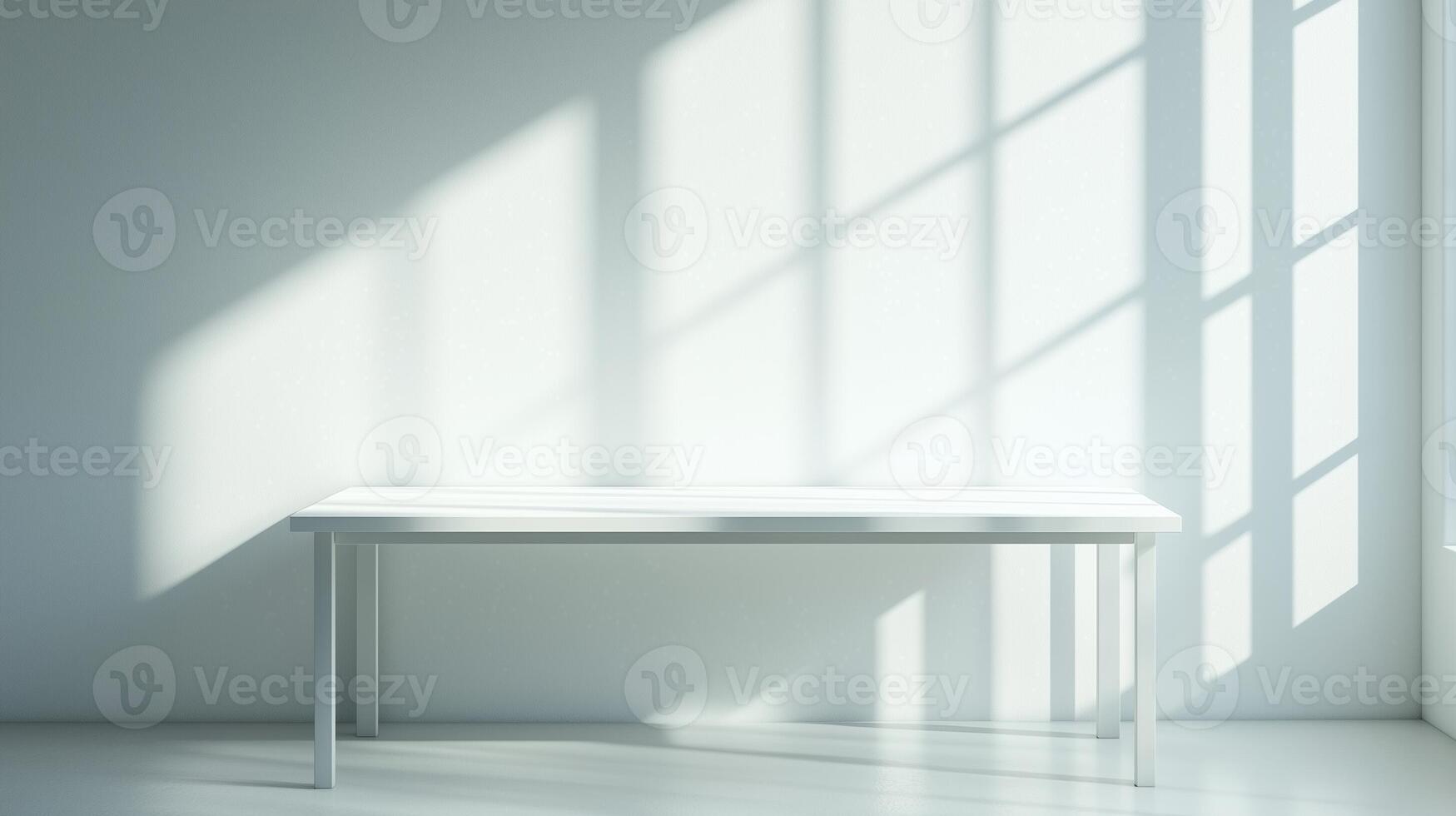 White wooden table on empty white wall modern minimalism room and shadow sun bright photo