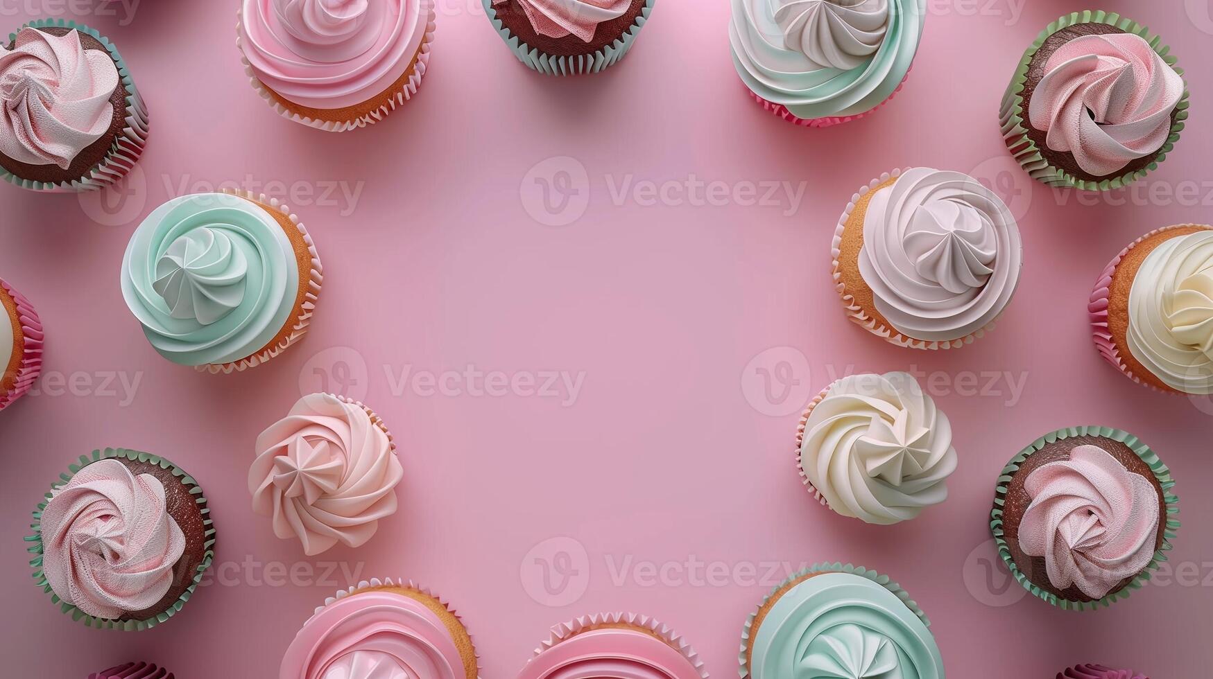 Circular arrangement sweet cupcake topping cream copy space black in center pink background photo