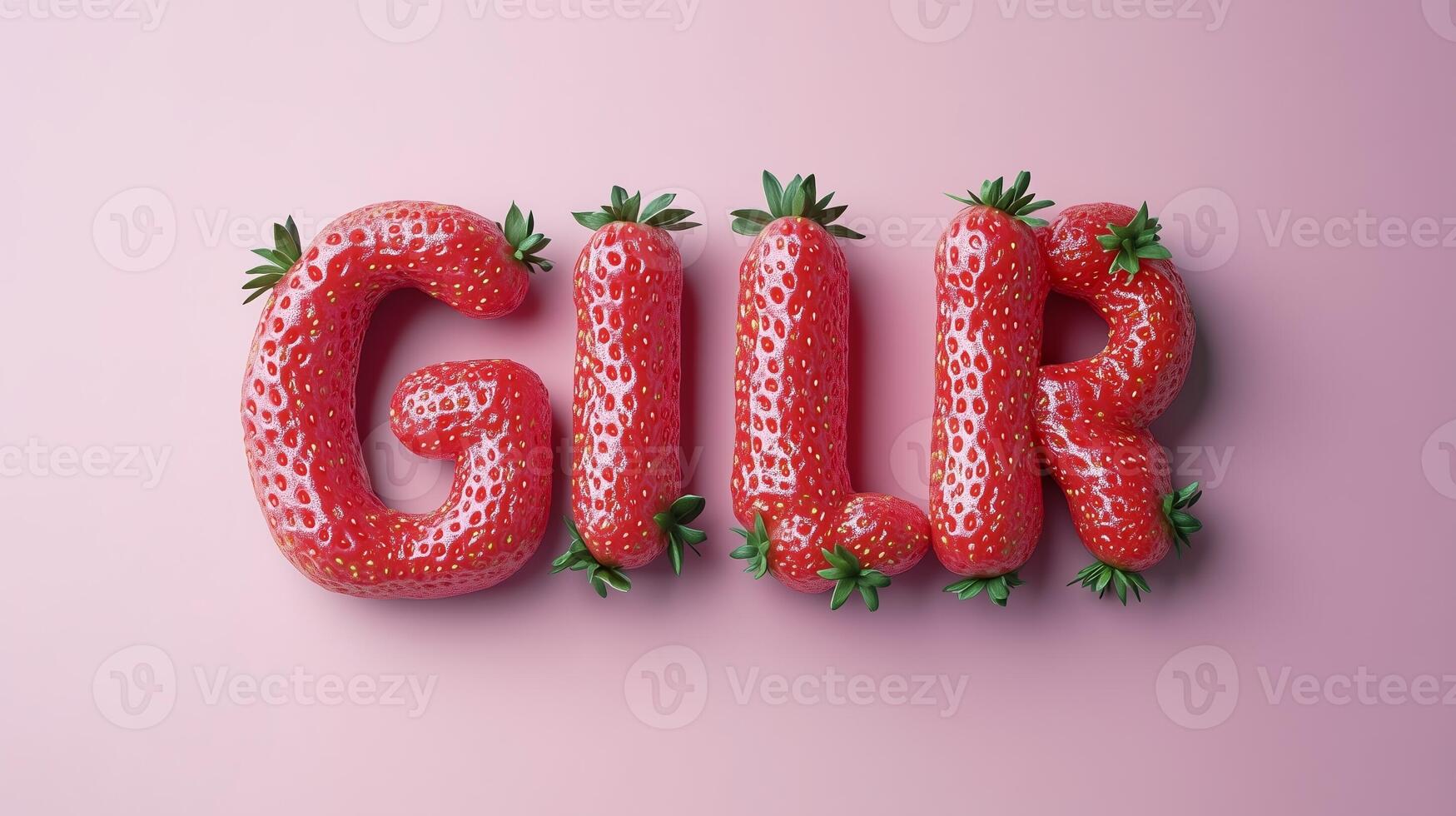 The letter GIRL is framed by a red strawberry textured fruit for kids on solid background photo