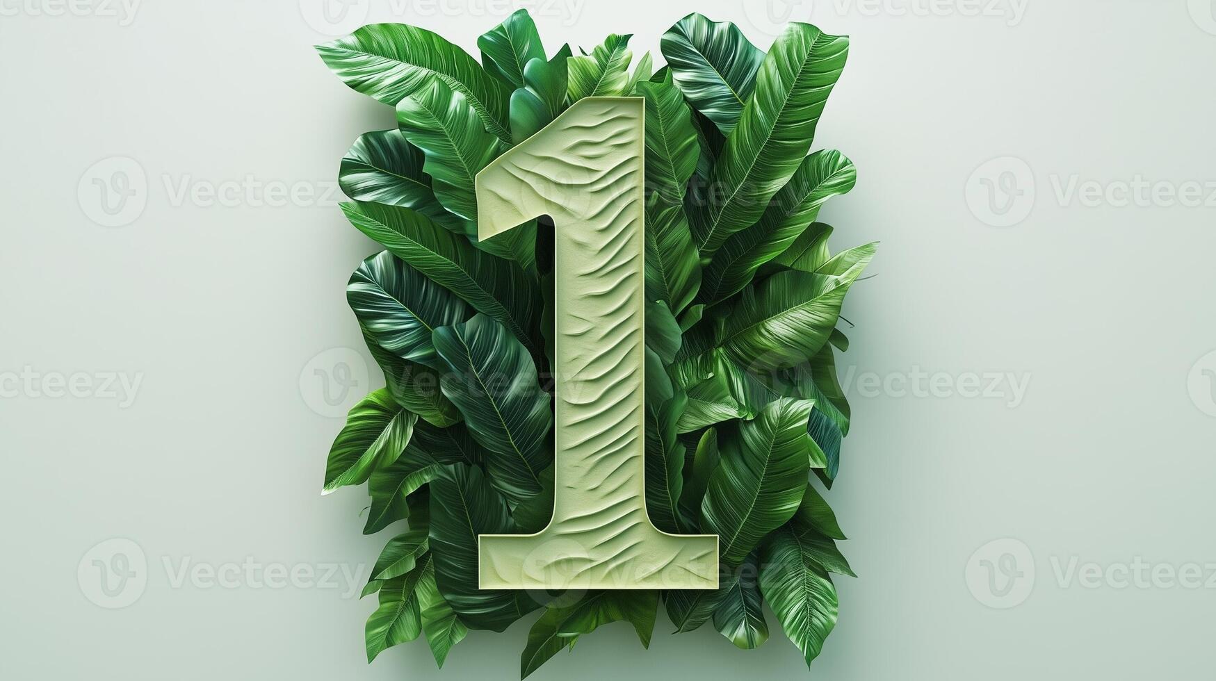 The number 1 is framed by a series of green leaves solid background photo