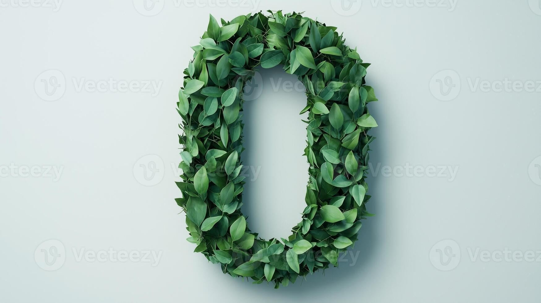 The number 0 is framed by a series of green leaves solid background photo