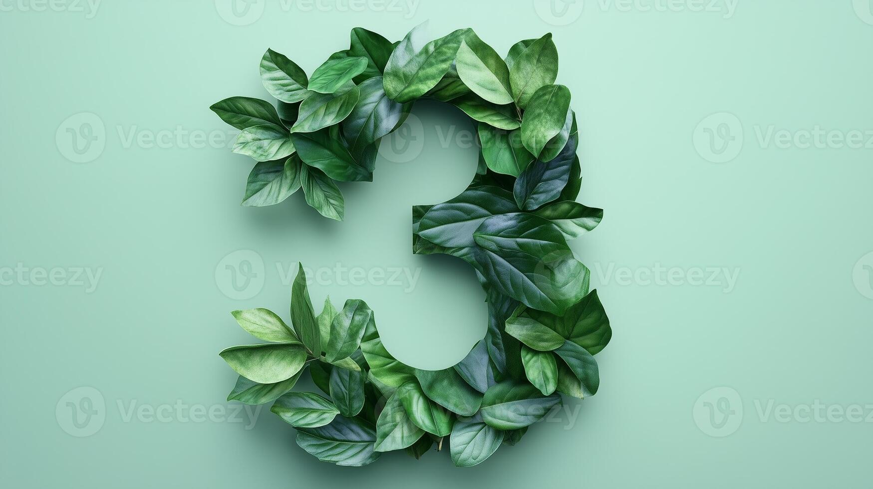 The number 3 is framed by a series of green leaves solid background photo