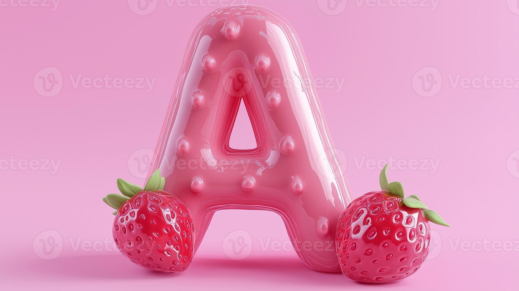 The letter A is framed by a red strawberry textured fruit for kids on solid background photo