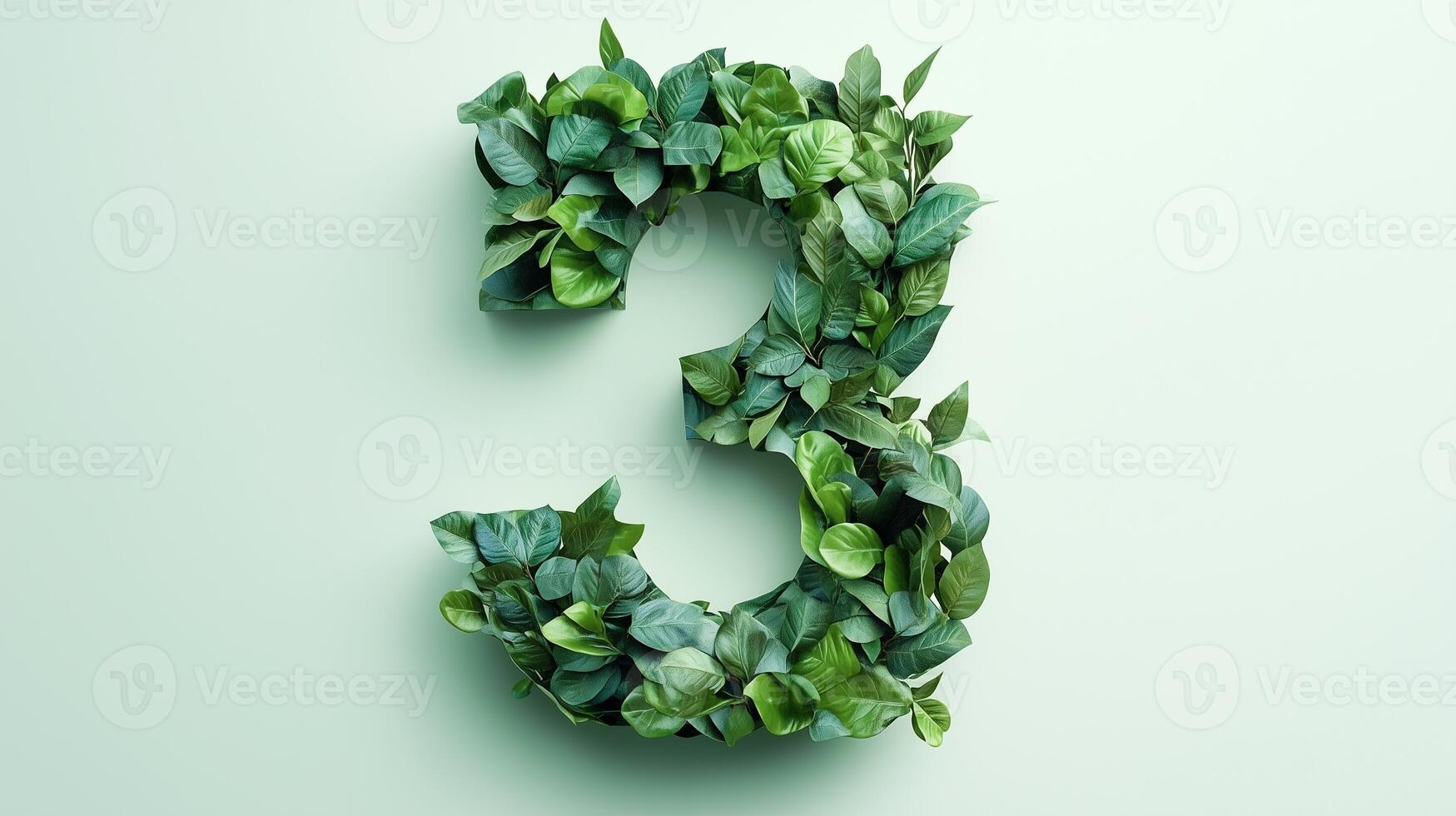 The number 3 is framed by a series of green leaves solid background photo