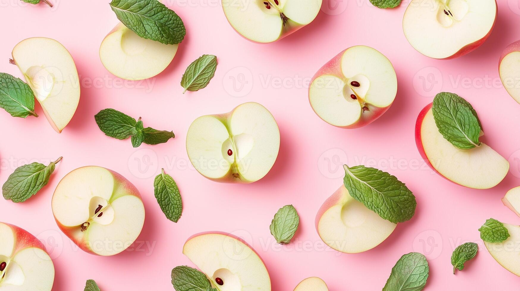 Apple slice fruit and fresh mint leaves natural organic arranged pattern seamless diagonal layout photo