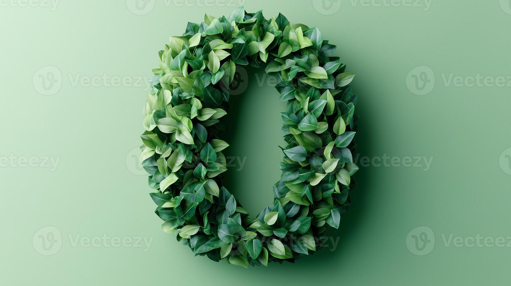The number 0 is framed by a series of green leaves solid background photo