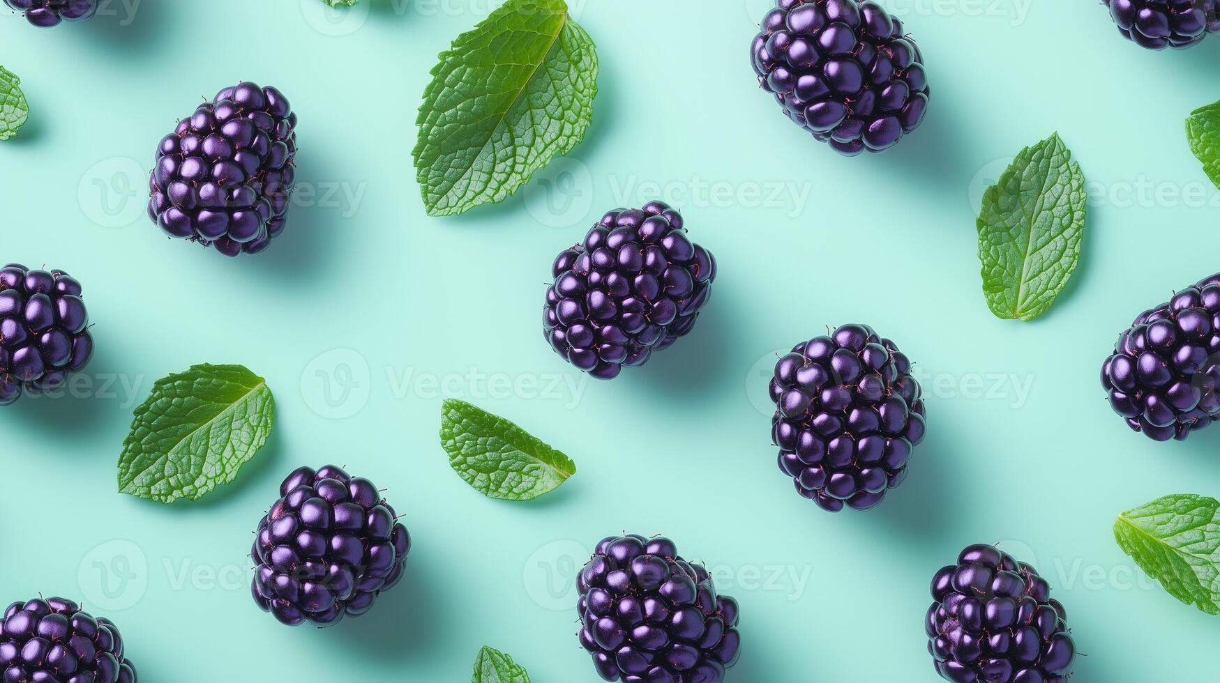 Blackberry and fresh mint leaves arranged pattern seamless diagonal layout photo