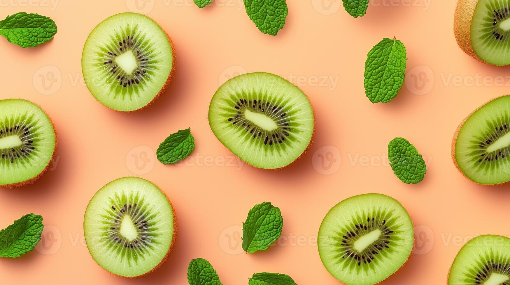 Kiwi slice fruit and fresh mint leaves natural organic arranged pattern seamless diagonal layout photo