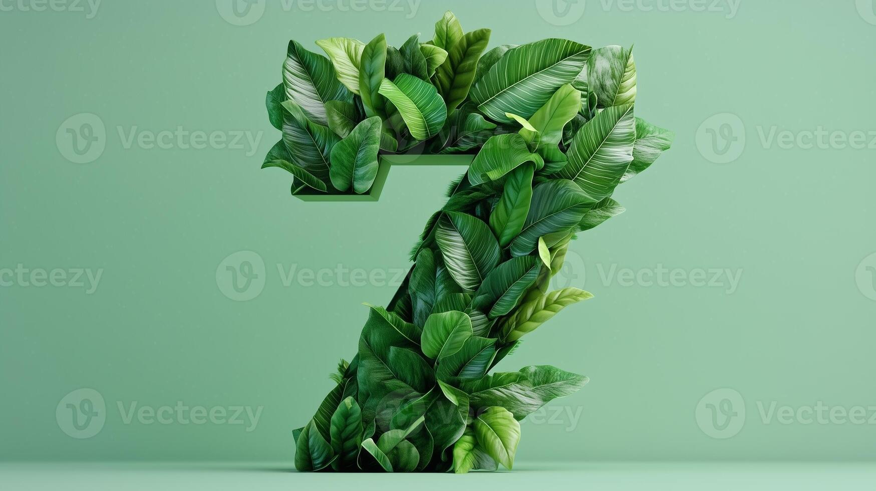 The number 7 is framed by a series of green leaves solid background photo