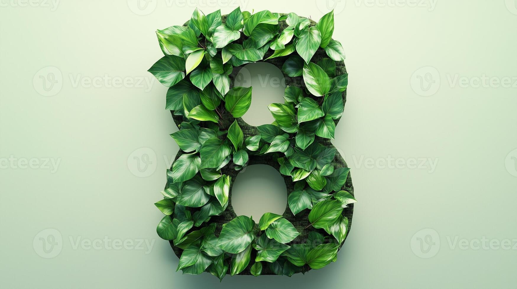 The number 8 is framed by a series of green leaves solid background photo