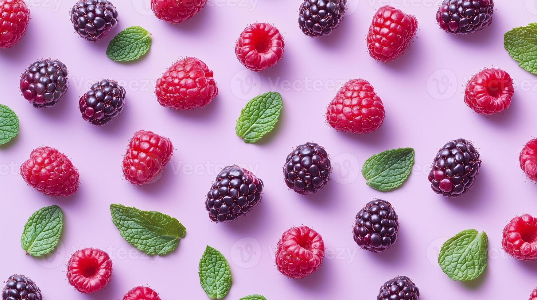 Raspberry, blackberry and fresh mint leaves arranged pattern seamless diagonal layout photo