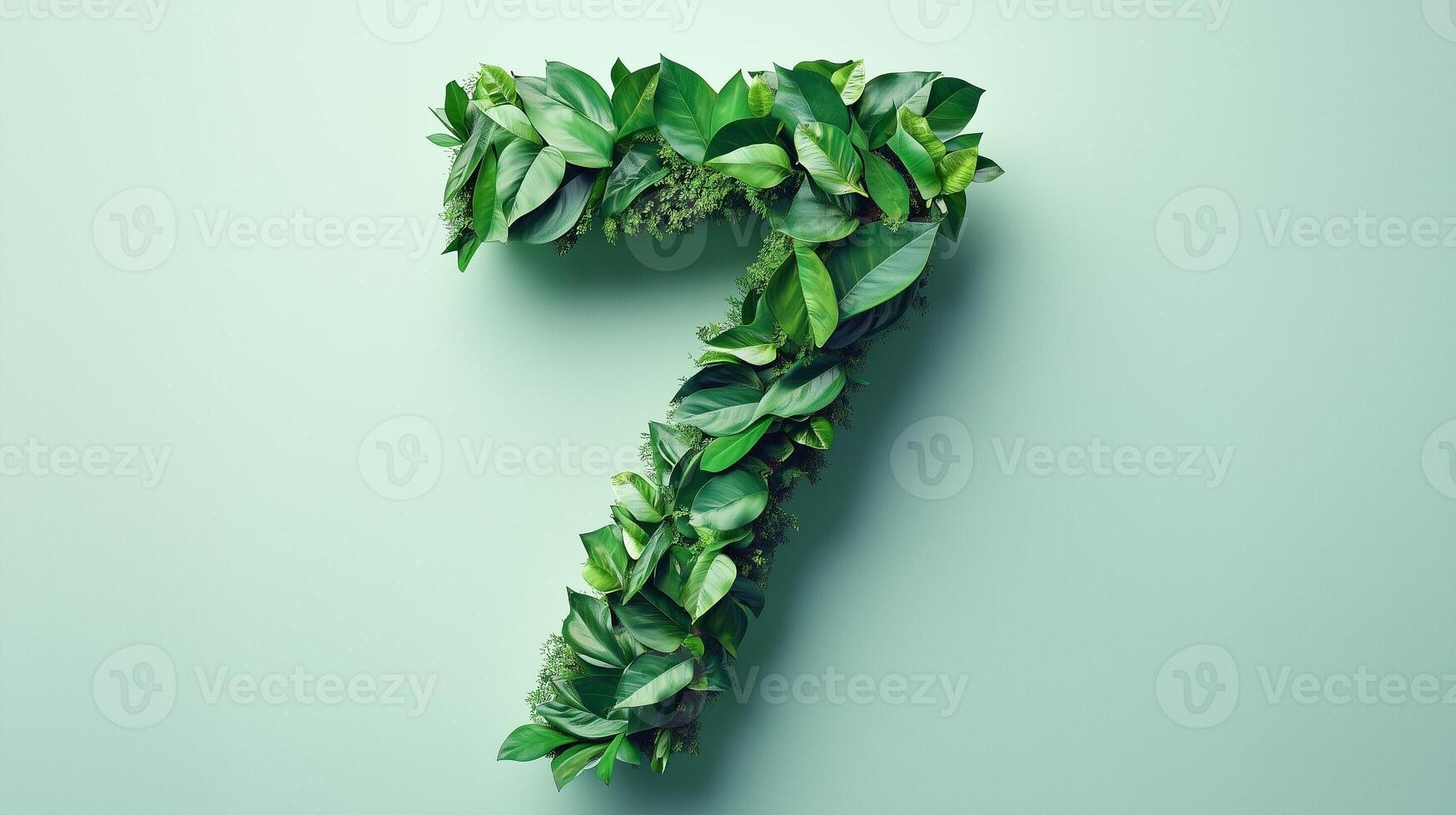 The number 7 is framed by a series of green leaves solid background photo