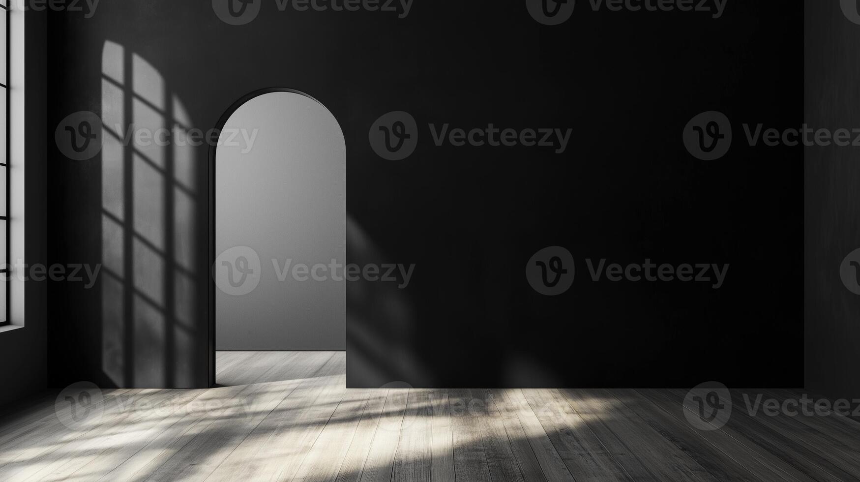Black wall room with shadow window sunlight and arch entrance on empty house photo