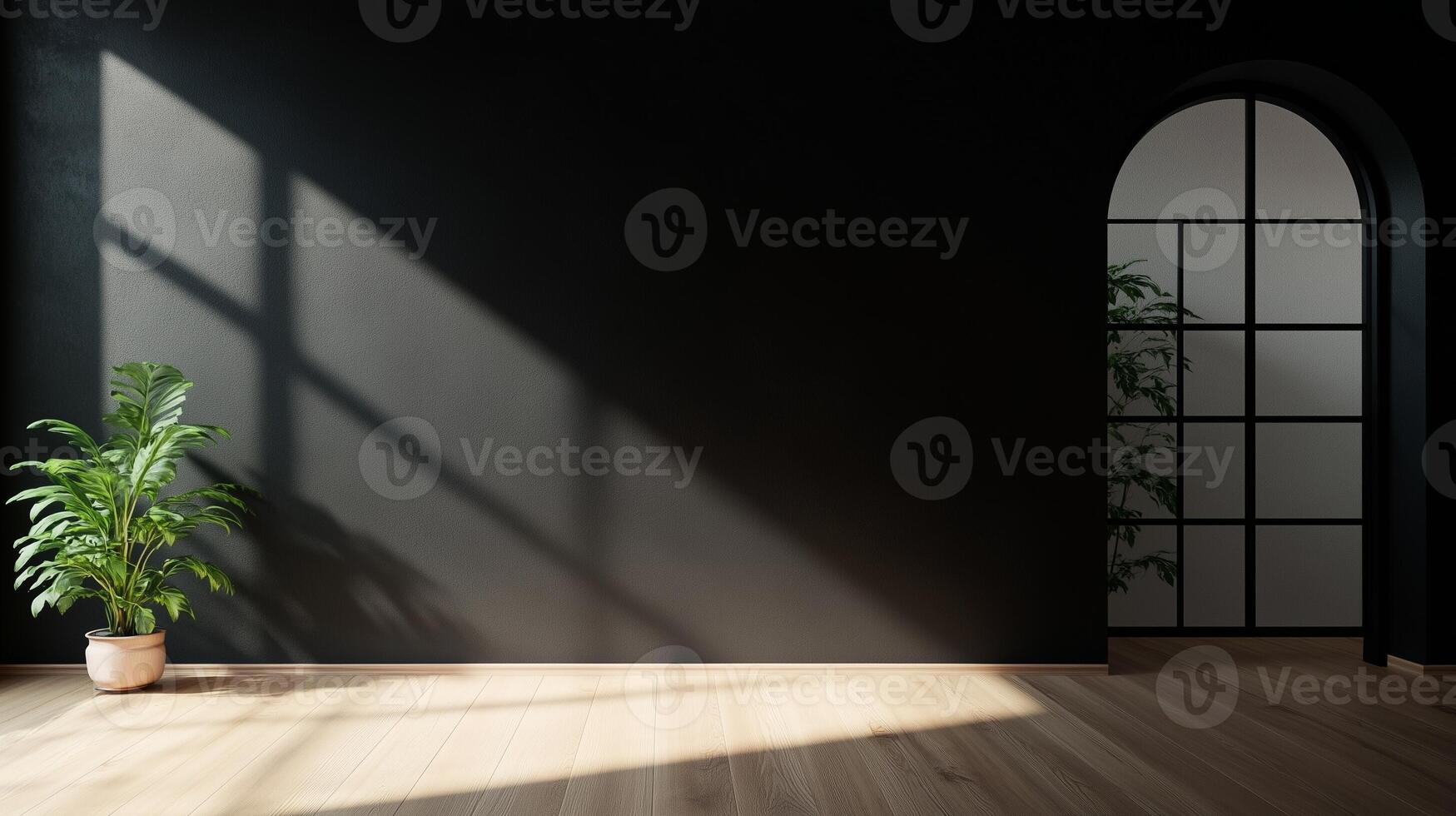 Black wall room with shadow window sunlight and arch entrance on empty house photo