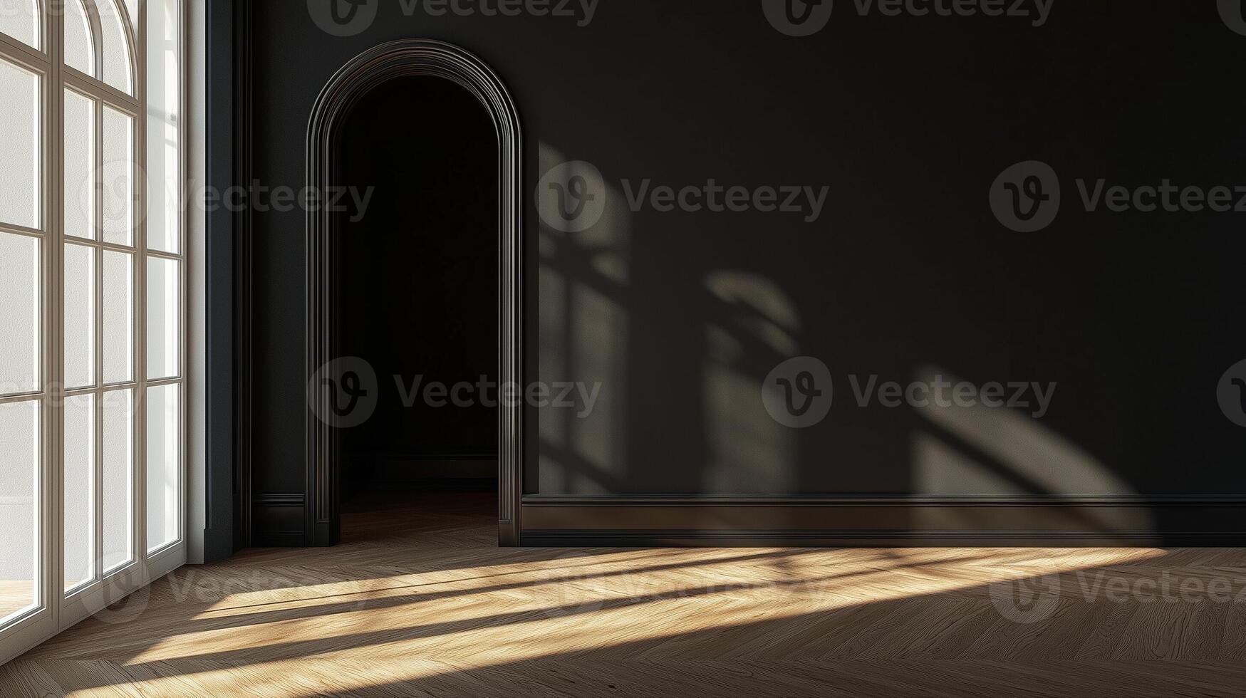 Black wall room with shadow window sunlight and arch entrance on empty house photo