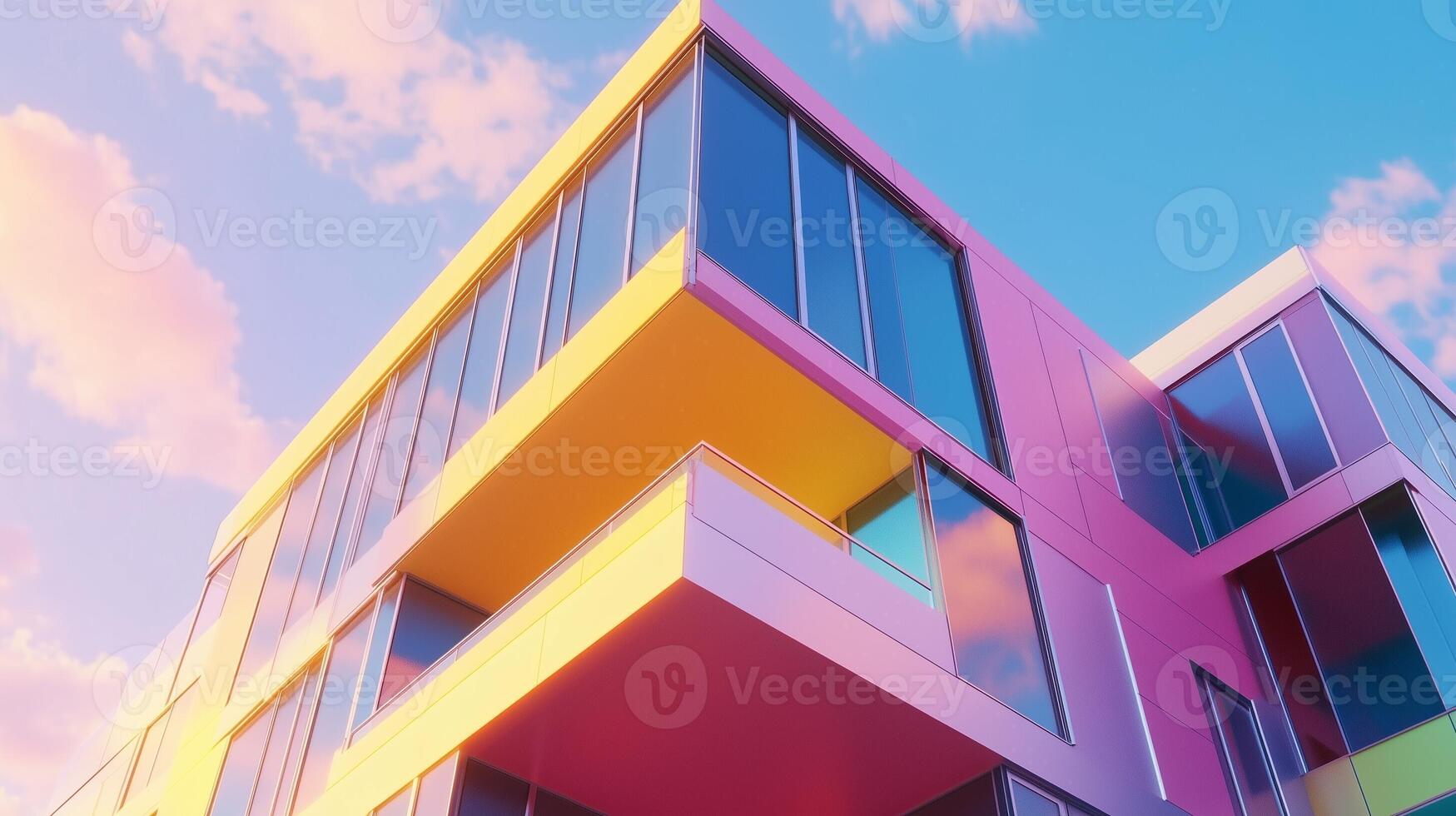 Modern minimalist building office exterior colorful glass architecture perspective view photo