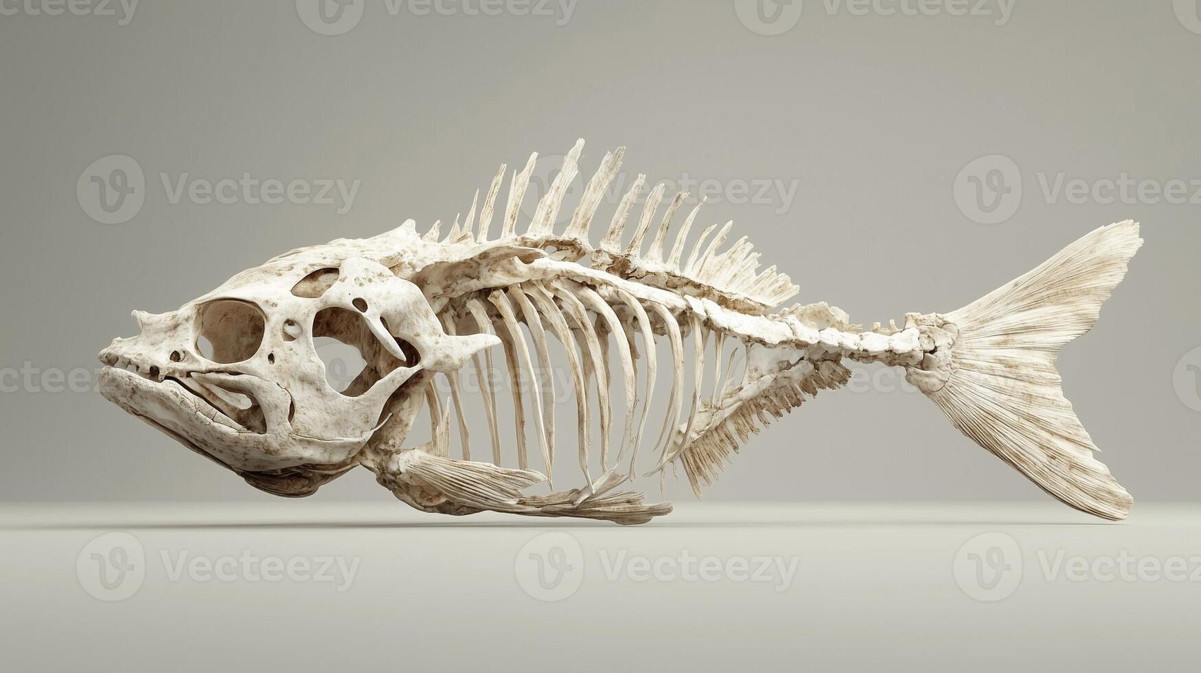 Fish skeleton fossil on white solid background for study archeologist research photo