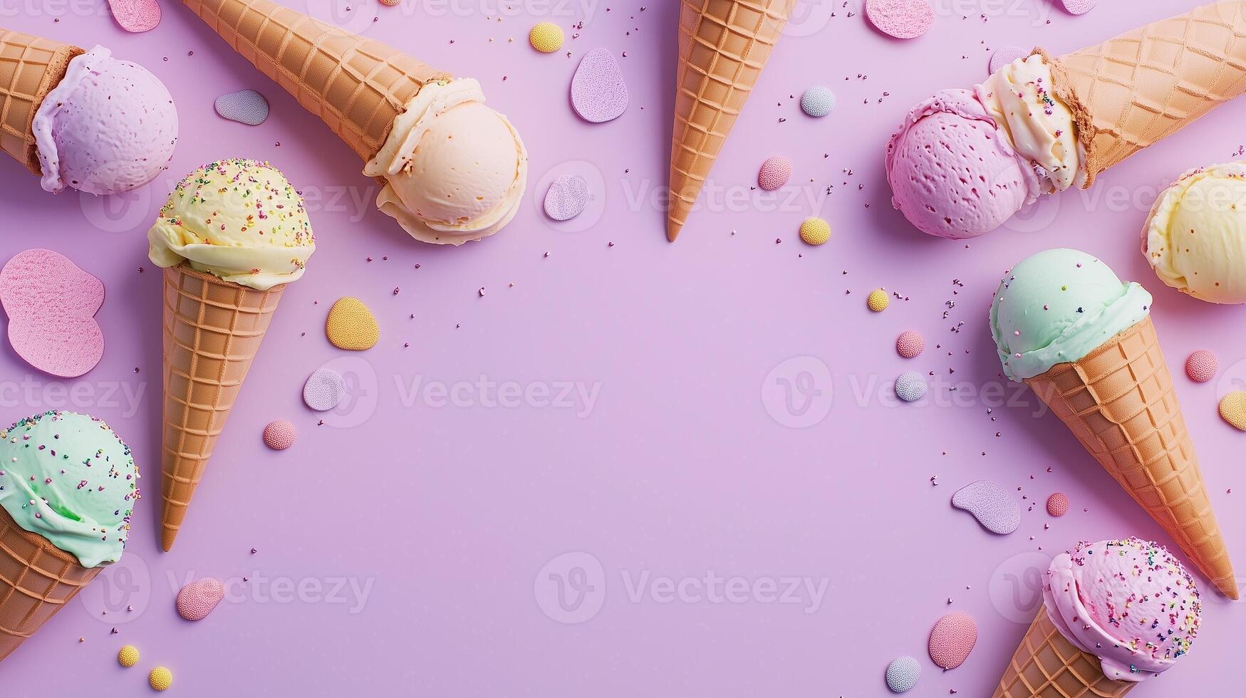 Ice cream cone purple fruity flavor with waffle cone copy space purple background photo