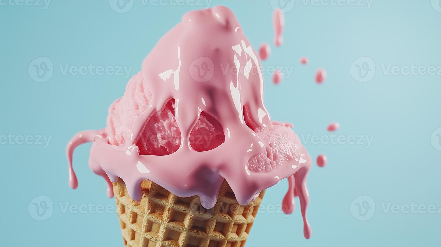 Ice cream cone with waffle cone melting on blue background photo