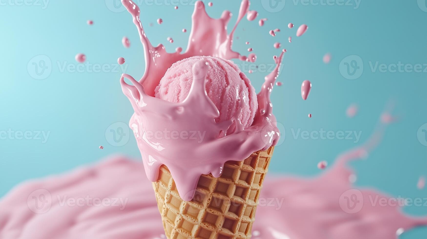 Ice cream cone with waffle cone melting on blue background photo