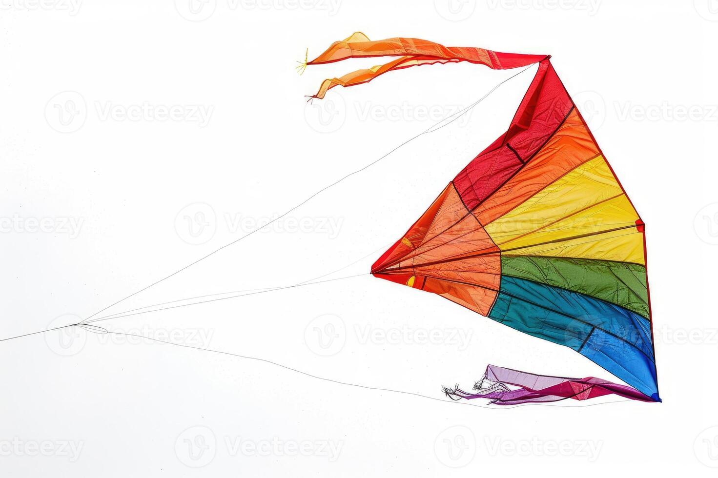 Large rainbow colored kite flying on a string photo