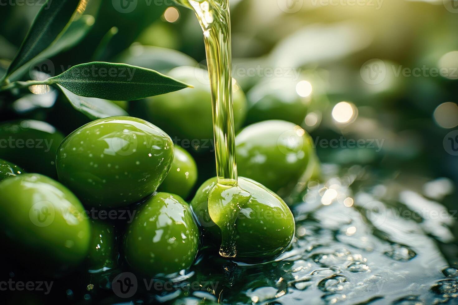 Fresh olive oil pouring on green olives with olive branch photo