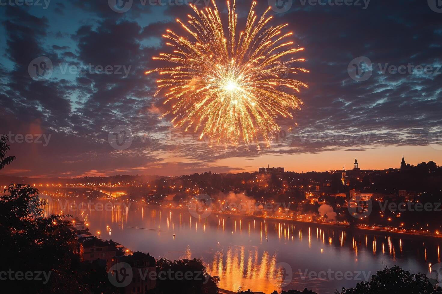 Big city lights reflecting in river with fireworks exploding in the sky photo