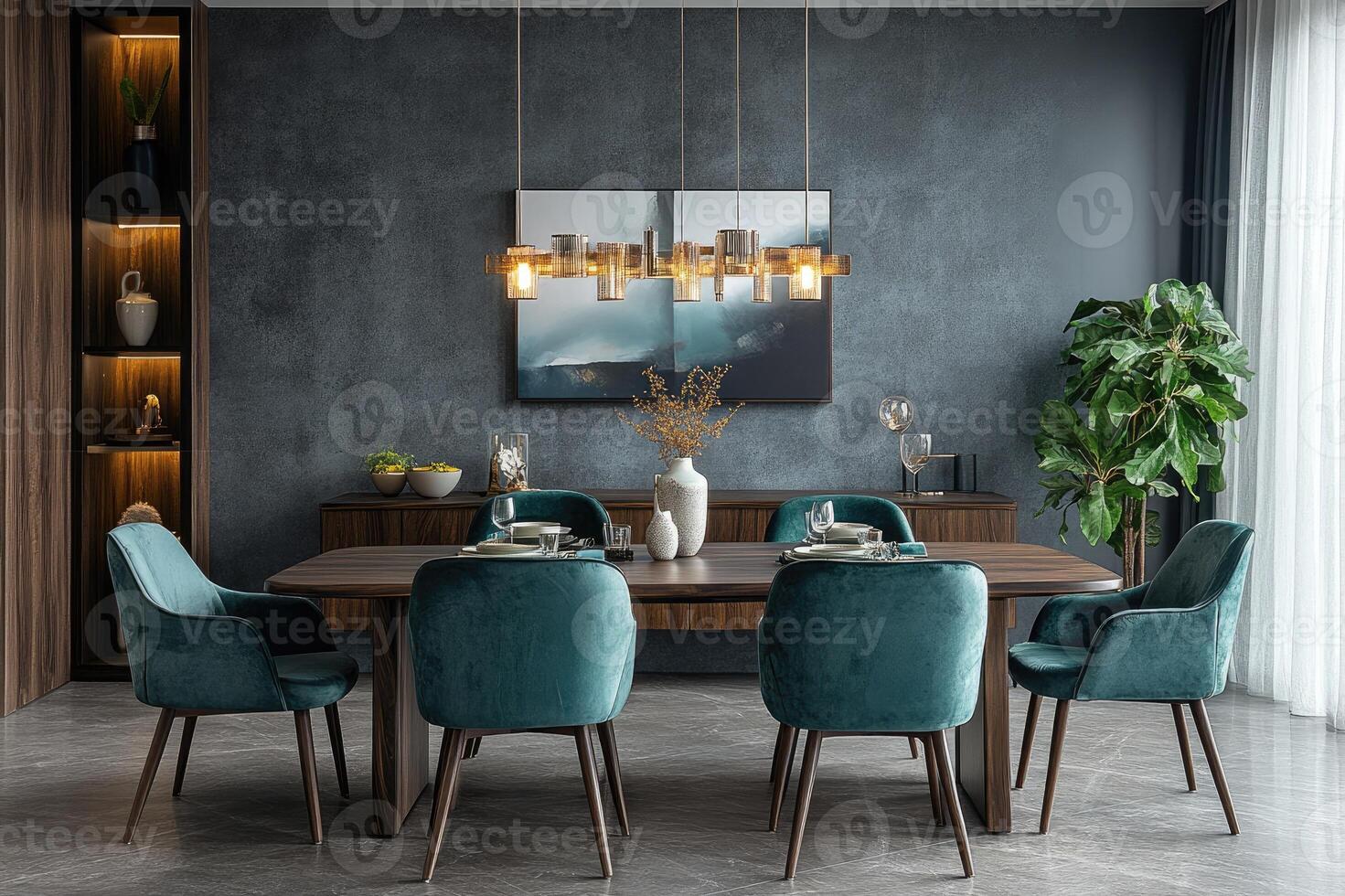 Modern and elegant dining room with blue chairs and dark wood table photo