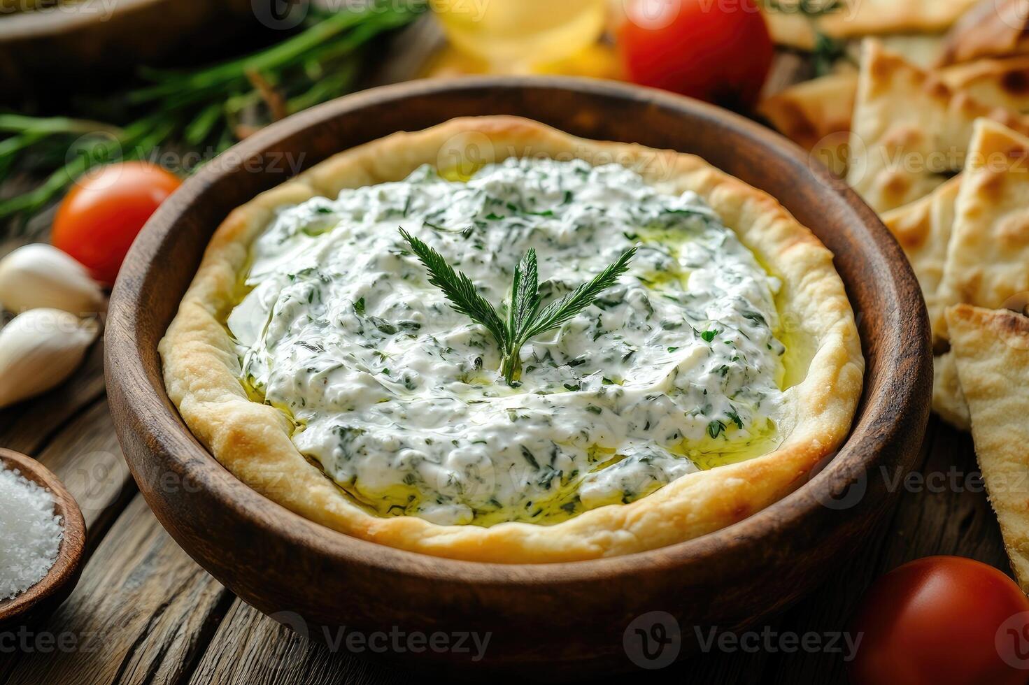 Creamy spinach artichoke dip in a bread bowl being served with pita bread photo
