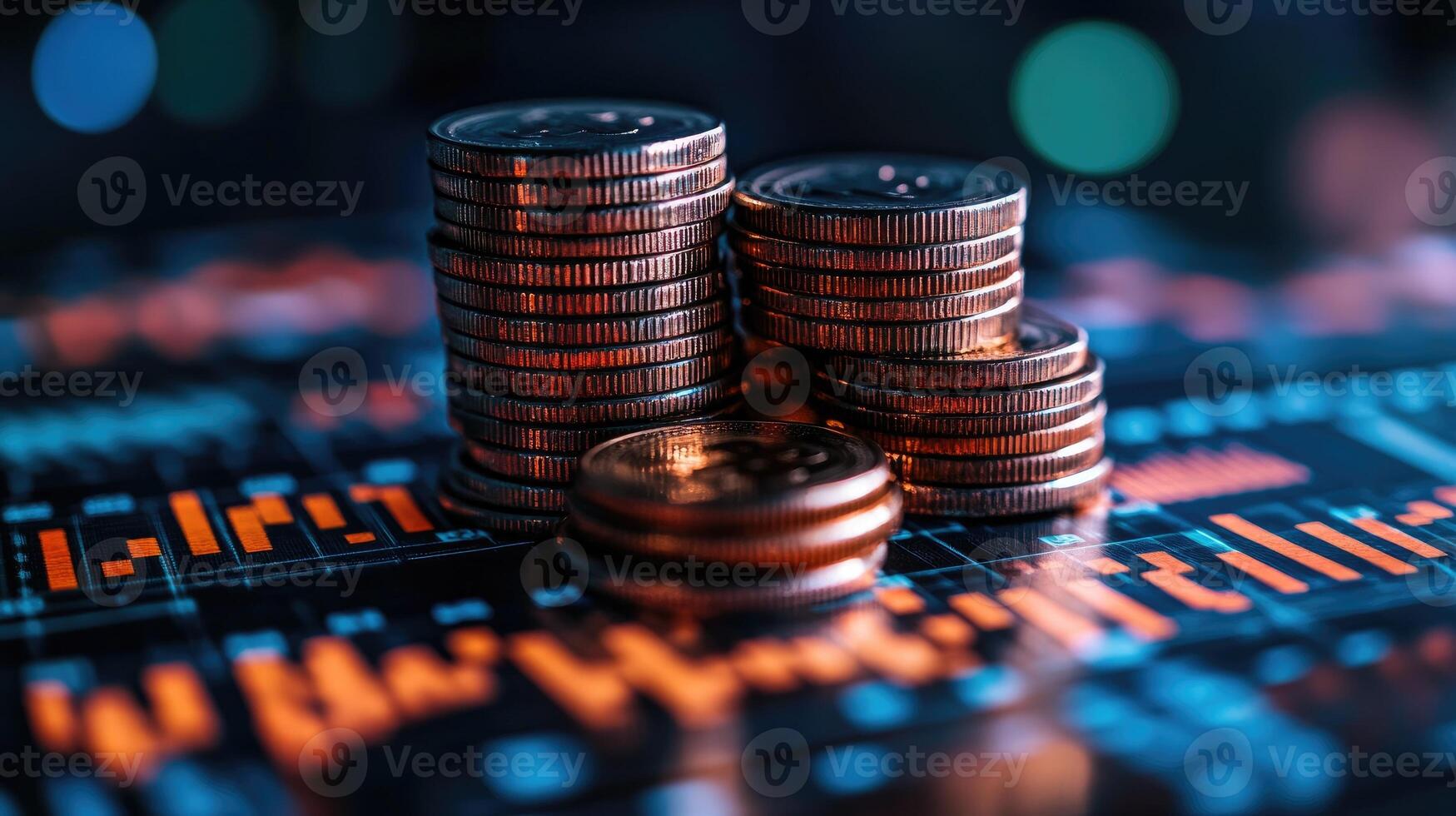 Stacks of coins sitting on a graph displaying market data photo